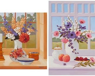 2023
Brenda Morrison (20th Century, American)
Two works

"Bouquet with Fruit"
Oil on linen
Signed lower right: Morrison; titled on a label affixed verso
24" H x 18" W

"Window Ledge with Flowers," 1991
Oil on linen
Signed lower right: Morrison; signed again, titled and dated verso
18" H x 18" W
Estimate: $300 - $500