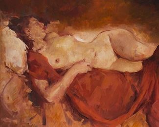 2026
William Frederick Foster A.N.A.
1883-1953, New York, NY
"Sleeping Nude Figure," 1942
Oil on canvas
Signed upper right: Will Foster A.N.A.; signed again on the stretcher verso
27" H x 32.25" W
Estimate: $800 - $1,200