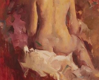 2027
William Frederick Foster A.N.A.
1883-1953, New York, NY
"The Boudoir (Seated Back Nude)"
Oil on canvas
Unsigned
36" H x 23" W
Estimate: $700 - $900