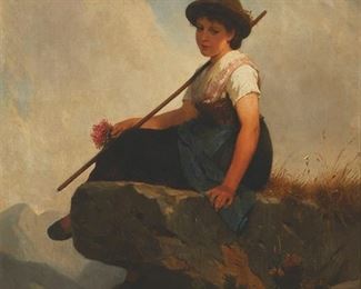 2030
Robert Beyschlag
1838-1903, German
Shepard Girl With Staff And Flowers
Oil on canvas
Signed and inscribed lower right: Robert Beyschlag / Munchen
32" H x 23.25" W
Estimate: $1,000 - $1,500