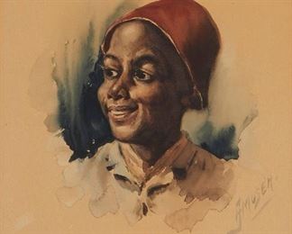 2032
James Henry Moser
1854-1913, Canadian/American
Portrait Of An African American Youth
Watercolor on paper under glass
Signed lower right: JH Moser
Sight: 13.25" H x 9.25" W <br /> 13.25" H x 9.5" W
Estimate: $400 - $600