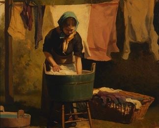 2031
Percy (Edward Percy) Moran
1862-1935, New York, NY
Woman Doing Laundry, 1880
Oil on canvas
Signed and dated lower right: E. Percy Moran; inscribed in another hand on the backing board
16" H x 13" W
Estimate: $700 - $900
