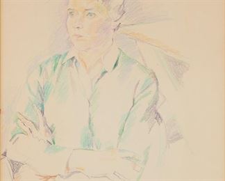 2033
Hyde Solomon
1911-1982, New York, NY
"Portrait Of Dilys Evans," 1964
Colored pencil on paper under glass
Signed and dated lower center: Hyde Solomon, titled upper right
Sight: 24.5" H x 18.5" W
Estimate: $300 - $500