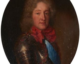 2034
19th Century French School
Portrait of a man with pauldron and red bow
Oil on canvas laid to canvas
Appears unsigned
Oval: 28.5" H x 23" W
Estimate: $700 - $900