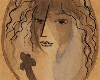 2035
Maurice Laurecin
1883-1956, French
Miniature Portrait Of A Woman
Watercolor and ink on paper under glass
Initialed lower center: M.L.
Sight of oval: 2.75" H x 2.5" W
Estimate: $2,000 - $4,000