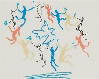 2037
After Pablo Picasso
1881-1973, Spanish
"La Ronde De La Jeunesse," 1961
Color lithograph on paper under glass
Edition size unknown; signed and dated in the plate lower right: Picasso
Sight: 12.5" H x 9" W
Estimate: $100 - $200