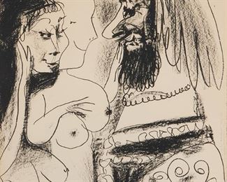 2036
Pablo Picasso
1881-1973, Spanish
"Le Vieux Roi," 1959
Lithograph on paper under glass
Appears to be from the unsigned edition of 1000; with the artist's red stamped signature lower right, dated in the stone lower right: 6.1.59
Sight: 25" H x 19" W
Estimate: $500 - $700
