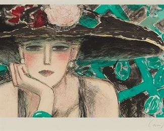 2039
Jean-Pierre Cassigneul
b. 1935, French
Woman With Floral Hat
Color lithograph on paper under glass
Edition 131/300; signed lower right: Cassigneul
Image: 11" H x 20" W
Estimate: $500 - $700