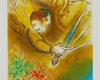 2041
After Marc Chagall
1887-1985, French
"L'Ange Du Jugement," By Charles Sorlier,1974
Color lithographic poster with text on paper under glass
Edition size unknown; Signed and dated in blue ink lower right: Marc Chagall / 1977
Sight: 29.75" H x 20.25" W
Estimate: $400 - $600