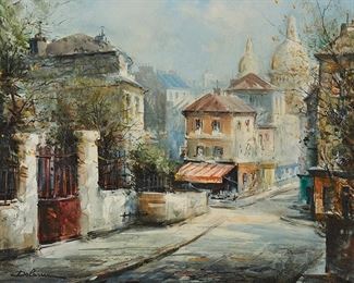 2042
Lucien Delarue
1925-2011, French
Rue Norvins, Paris
Oil on canvas
Signed lower left: Delarue; signed again and titled verso
18" H x 21.75" W
Estimate: $500 - $700