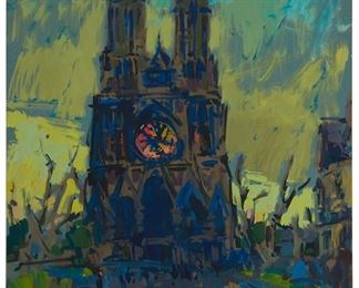 2044
Sergei Bongart
1918-1985, Santa Monica, CA
Notre Dame De Paris, 1962
Casein on board
Signed and dated upper right: Sergei Bongart
40" H x 32" W
Estimate: $1,000 - $2,000