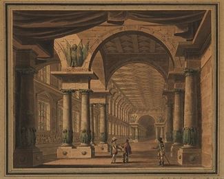 2046
Angelo Quaglio
1778-1815, German
Architectural Interior
Watercolor on paper laid to paper under glass
Unsigned; inscribed in another hand in the margin: Angelo Quaglio inv: Hungermuller fecit 1814
Sheet: 14.25" H x 17.5" W
Estimate: $500 - $700