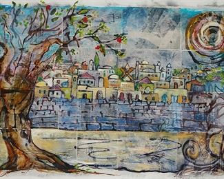 2047
Idit Aharon
20th-21st Century, Israeli
"Jerusalem"
Mixed media and collage on paper under Plexiglas
Signed along the right vertical edge; titled by repute
Sight: 28" H x 42.75" W
Estimate: $600 - $800