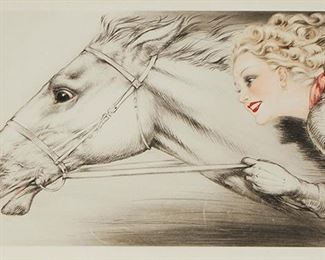 2048
Louis Icart
1888-1950, French
"Thoroughbreds ('Pur-Sang')," 1938
Etching, drypoint, and aquatint with touches of hand-coloring on paper under glass
Edition size unknown but presumably small, signed in pencil lower right: Louis Icart, and with the artist's windmill blindstamp lower left and dated copyright in the plate upper left
Plate: 18.5" H x 35.25" W; Sheet: 20.25" H x 36.5" W
Estimate: $3,000 - $5,000