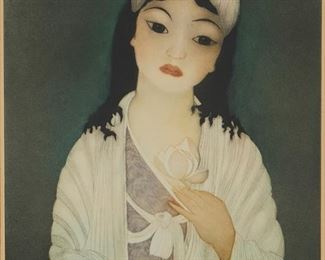 2050
John Melville Kelly
1879-1962, Honolulu, HI
"Little Lotus Flower, Hawaii"
Color aquatint on paper under glass
Edition size unknown but presumably relatively small; signed lower margin at right: John Kelly, titled lower margin at left
Plate: 18" H x 14" W; Sight: 18.625" H x 14.375" W
Estimate: $400 - $600