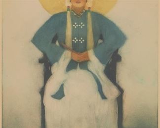 2051
John Melville Kelly
1879-1962, Honolulu, HI
"Chinese Costume"
Color aquatint on paper under glass
Edition size unknown but presumably relatively small; signed lower margin at right: John Kelly, titled lower margin at left
Image: 15" H x 11.5" W
Estimate: $400 - $600