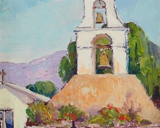 2053
Nell Walker Warner
1891-1970, Carmel, CA
"Pala Mission Tower"
Oil on artist's board
Signed lower right: Nell Walker Warner; titled verso
10" H x 8" W
Estimate: $500 - $700