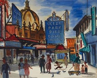 2055
Dorothy Sklar
1906-1996, Los Angeles, CA
Ocean Park Pier, 1953
Watercolor on paper under glass
Signed and dated lower right: Dorothy Sklar
Sight: 18.5" H x 24.5" W
Estimate: $600 - $800
