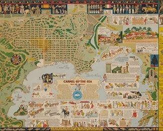 2058
After Joseph Jacinto Mora
1876-1947, Carmel, CA
"Carmel-By-The-Sea: Past And Present"
Offset color lithograph on paper under Plexiglas
Edition of unknown size; signed in the stone only; copyrighted 1942 by Jo Mora Publications, Monterey
Sight: 18.5" H x 24.75" W
Estimate: $600 - $800