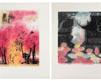 2063
20th Century Chinese School
Two works

Cityscape with umbrellas; Landscape with building, 1981
Each: Linocut with handcoloring on rice paper laid to paper
Each: Edition 21/50; signed and inscribed in Chinese and dated along the lower margin
Image of larger: 15.5" H x 15.5" W; Sheet of larger: 23.25" H x 19.5" W

Estimate: $100 - $200