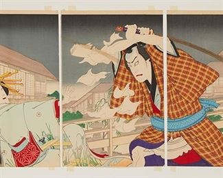 2065
Japanese Woodblocks By Kunichika, Chickanobu, And Yoshitora
Three works
Each: Color woodblock printed as a triptych on three sheets of paper
Each with the artist's chopmark
Overall sight of largest: 14" H x 29" W
Estimate: $600 - $800