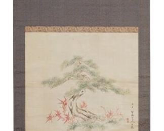 2067
A Japanese Scroll With A Tree
Late Edo Period (1603-1867)
Watercolor and ink on paper laid to paper
Signed along the lower right edge and with the artist's chopmark
Sheet: 22.5" H x 20" H; Scroll: 54.5" H x 24" W
Estimate: $300 - $500