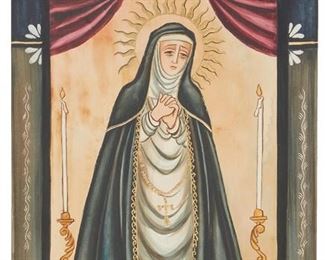 2068
Arlene Cisneros Sena
b. 20th Century, Santa Fe, NM
"Nuestra Senora De La Soledad," 2000
Color pigments and gold leaf on carved wood panel
Signed, titled, dated, and inscribed verso: Arlene Cisneros Sena, "homemade gesso, pigments, pinon varnish, 23K gold leaf," and "Patroness against loneliness; Consolation in bereavement; Happy death; Protection in general"
12" H x 7.25" W x 1" D
Estimate: $500 - $700