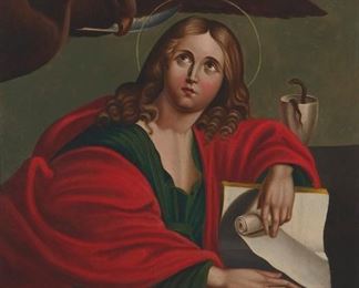 2069
Juan Nepomuceno Herrera
1818-1878, Mexican
John The Evangelist
Oil on tin
Signed lower right: J N Herrera
12.25" H x 9.25" W
Estimate: $700 - $900