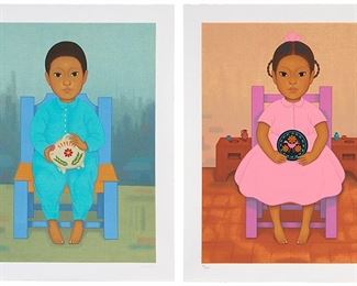 2070
Gustavo Montoya (1905-2003, Mexican)
Two works, from "Los Ninos Mexicanos" series, 1993-95

Boy in blue with pot
Color screenprint on wove paper; Enrique Cattaneo prntr.
Edition 7/250P; signed in pencil in the lower right margin: g montoya, numbered in pencil and blindstamped in the lower left margin
Sheet: 27.25" H x 21.25" W

Girl in pink with plate
Color screenprint on wove paper; Enrique Cattaneo prntr.
Edition 29/250P; signed in pencil in the lower right margin: g montoya, numbered in pencil and blindstamped in the lower left margin
Sheet: 27.25" H x 21.25" W
Estimate: $500 - $700