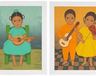 2071
Gustavo Montoya (1905-2003, Mexican)
Two works, from "Los Ninos Mexicanos" series, 1993-95

Girl in green with mandolin
Color screenprint on wove paper; Enrique Cattaneo prntr.
Edition 177/250; signed in pencil in the lower right margin: g montoya, numbered in pencil and blindstamped in the lower left margin
Sheet: 27.25" H x 21.25" W

Boy with guitar and girl with violin
Color screenprint on wove paper; Enrique Cattaneo prntr.
Edition 177/250; signed in pencil in the lower right margin: g montoya, numbered in pencil and blindstamped in the lower left margin
Sheet: 27.25" H x 21.25" W
Estimate: $500 - $700
