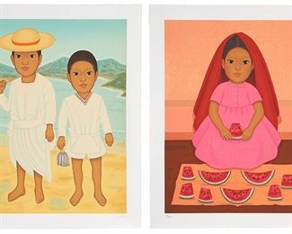 2072
Gustavo Montoya (1905-2003, Mexican)
Two works, from "Los Ninos Mexicanos" series, 1993-95

Two boys fishing on the beach
Color screenprint on wove paper; Enrique Cattaneo prntr.
Edition 143/250: signed in pencil in the lower right margin: g montoya, numbered in pencil and blindstamped in the lower left margin
Sheet: 27.25" H x 21.25" W

Girl with watermelon
Color screenprint on wove paper; Enrique Cattaneo prntr.
Edition 23/250P; signed in pencil in the lower right margin: g montoya, numbered in pencil and blindstamped in the lower left margin
Sheet: 27.25" H x 21.25" W
Estimate: $500 - $700