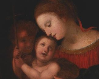 2075
Late 18th/Early 19th Century Bolognese School
Madonna and Child with John the Baptist
Oil on canvas laid to canvas
Appears unsigned
28.5" H x 22.5" W
Estimate: $800 - $1,200