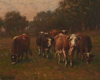 2079
George Arthur Hays
1854-1945, Providence, RI
Cows Grazing, 1906
Oil on canvas
Signed lower left: G A Hays; signed again and dated verso
6" H x 9" W
Estimate: $600 - $800