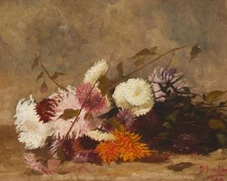 2080
Late 19th Century Continental School
Chrysanthemum still life, 1884
Oil on panel
Indistinctly signed and dated lower right
11" H x 13.75" W
Estimate: $500 - $700