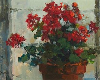 2081
Claire Ruby
1925-2005, Hungarian/American
Floral Still Life
Oil on canvas
Signed lower left: Ruby; signed again and with the artist's copyright verso
9.25" H x 12" W
Estimate: $300 - $500