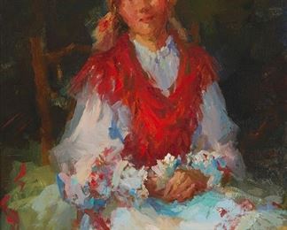 2082
Claire Ruby
1925-2005, Hungarian/American
"The Red Shawl"
Oil on canvas
Signed lower left: Ruby; titled on a string tag attached verso
12" H x 9" W
Estimate: $300 - $500