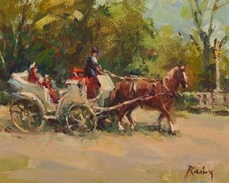 2083
Claire Ruby
1925-2005, Hungarian/American
Figures In A Carriage
Oil on canvas
Signed lower right: Ruby
6" H x 8" W
Estimate: $300 - $500