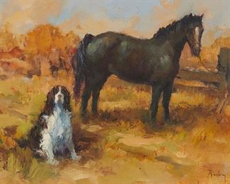 2084
Claire Ruby
1925-2005, Hungarian/American
"Waiting For The Master"
Oil on canvas
Signed lower left: Ruby; titled on a gallery label affixed to the frame verso
11" H x 14" W
Estimate: $500 - $700