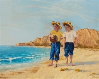 2086
John William Hilton
1904-1983, Twentynine Palms, CA
Two Boys At The Beach, 1947
Oil on canvas
Signed and dated lower right: John W. Hilton
30" H x 40" W
Estimate: $400 - $600