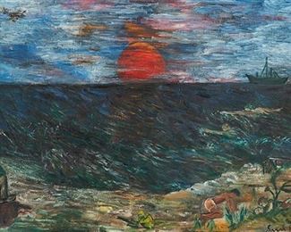 2089
Sara Berman Beach
1890-1978, New York, NY
"Sunset"
Oil on gesso board
Signed lower right: Sarah Berman Beach; titled on a gallery label affixed verso
18" H x 32" W
Estimate: $300 - $500