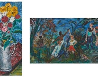 2092
Sara Berman Beach (1890-1978, New York, NY)
Two works

Dancers in a garden
Oil on board
Unsigned
15.5" H x 27" W

Still life
Oil on panel
Signed lower right: S. Berman Beach
24" H x 11" W
Estimate: $500 - $700