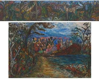 2093
Sara Berman Beach (1890-1978, New York, NY)
Two works

"Make Love Not War"
Oil on canvas
Signed lower left: S. Berman Beach, titled in the center; indistinctly inscribed on the stretcher
20" H x 30" W

Animals in a landscape
Oil on Masonite
Signed lower right: S. Berman Beach
7" H x 32" W
Estimate: $500 - $700