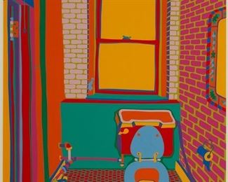 2095
Clayton Pond
b. 1941, New York, NY
"The Toilet In My Studio On Broome Street"
Color screenprint on paper under glass
Edition 79/100; signed lower right: Clayton Pond
Image: 27" H x 18" W
Estimate: $300 - $500