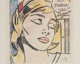 2096
After Roy Lichtenstein
1923-1997, American
Roy Lichtenstein: A Drawing Retrospective, James Goodman Gallery, Featuring A Study Of "No Thank You," 1984
Six color offset lithograph on paper under Plexiglas
Edition of 150; signed lower right: Roy Lichtenstein
Sheet: 36" H x 24" W
Estimate: $1,000 - $1,500