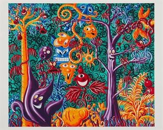 2097
Kenny Scharf
b. 1958, American
"Juicy Jungle," 1989
Color screenprint on paper under Plexiglas; Rupert Smith Studios, New York, prntr.; Martin Lawrence Limited Editions Inc., Los Angeles, pub.
Edition 23/150; signed lower center: Kenny Scharf
Sheet: 34" H x 39.5" W
Estimate: $300 - $500
