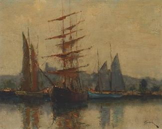 2099
Dedrick Brandes Stuber
1878-1954, Los Angeles, CA
Harbor Scene
Oil on artist's board
Signed lower right: Stuber
11" H x 14" W
Estimate: $700 - $900