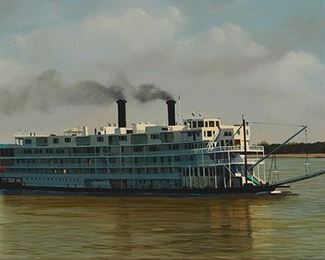 2101
Joseph Wilhelm
1923-2003, Covington, LA
"Mississippi Queen"
Oil on board
Signed and titled lower right: Joe Wilhelm; signed and titled again verso
Sight: 7.25" H x 13.25" W
Estimate: $300 - $500