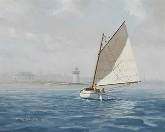 2102
Gregory Hill
b. 1944, Maui, HI
"Nantucket Sailing," 1995
Oil on canvas
Signed and dated lower left: G. S. Hill; signed again, titled, and dated verso
18" H x 24" W
Estimate: $700 - $900