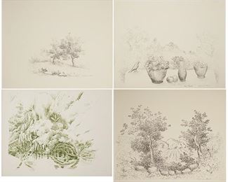 2104
Leon Hartl (1889-1973, French/American)
Three works

Still life with bird
Lithograph
Edition 33/96; signed

Two trees
Lithograph
Edition 26/96; signed

Trees in a mountain landscape
Lithograph
Edition 25/93; signed

This lot is sold with a fourth unidentified lithograph in green:
Foliage in a pond's reflection
Lithograph
Signed indistinctly lower right and numbered lower right: 19/105
Largest: 23" H x 29" W
Estimate: $100 - $200