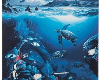 2106
Robert Wyland (B. 1956, Laguna Beach) Roy Gonzalez Tabora (B. 1956, Hawaiian)
"Above and Below," 1991
Color offset lithograph on paper under Plexiglas
Edition PP 1/65; with the artists' printed signatures, dates and copyright symbols in the image at left, signed in pencil by both artists and with their painted remarques in the lower margin
Image: 35.75" H x 24" W; Sight: 38" H x 24.5" W
Estimate: $600 - $800